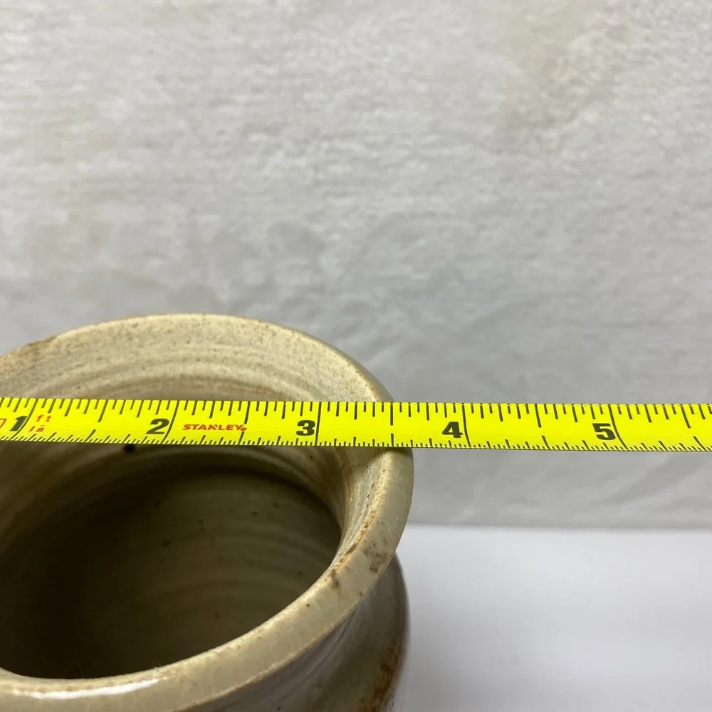 Stoneware Signed Vase Beige‎ Earthy Glaze Textured Vertical Lines Art Pottery
